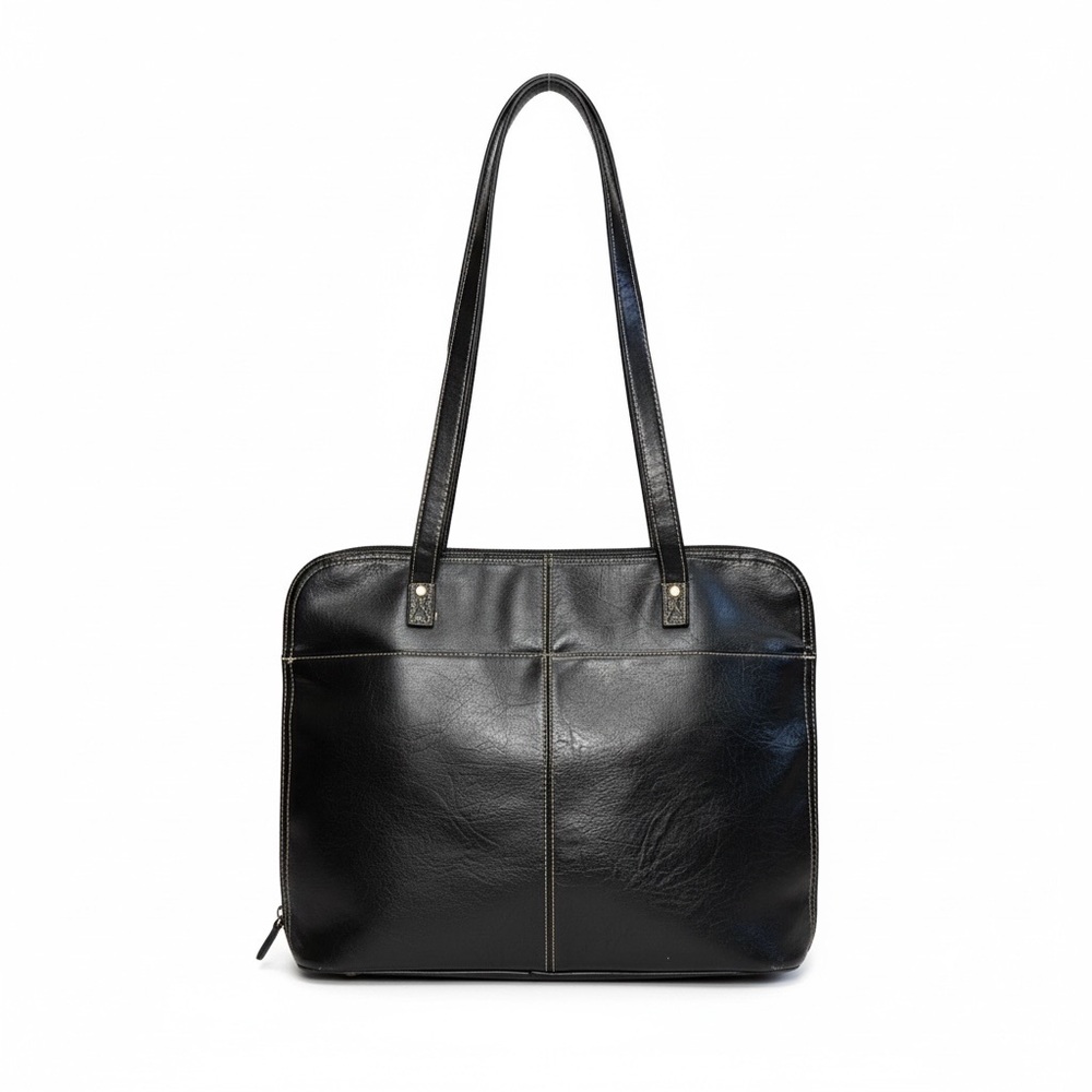 Bueno Black Leather Laptop Tote fits average laptop sleek